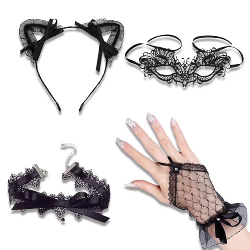 Halloween Maskerade Kostüm Set Gothic Schwarz Spitze Maske Katzenohren Stirnband Handschuh Halskette für Cosplay Party Urlaub Retro Zubehör, Schwarz, Einheitsgröße Halloween Maskerade Kostüm Set Gothic Schwarz Spitze Maske Katzenohren Stirnband Handschuh Halskette für Cosplay Party Urlaub Retro Zubehör, Schwarz, Einheitsgröße von XnxnzhHo