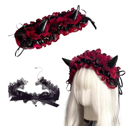 XnxnzhHo Gothic Lolita Stirnband für Frauen, Teufelshörner Spitze Dienstmädchen Kopfschmuck mit Halskette Set, für Halloween Cosplay Kostüm Party Kopfbedeckung, Schwarz und Rot, schwarz / rot XnxnzhHo Gothic Lolita Stirnband für Frauen, Teufelshörner Spitze Dienstmädchen Kopfschmuck mit Halskette Set, für Halloween Cosplay Kostüm Party Kopfbedeckung, Schwarz und Rot, schwarz / rot von XnxnzhHo