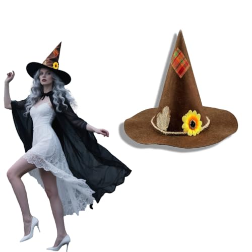 XnxnzhHo Halloween-Hexenhut, brauner Zaubererhut, Aufnäher und Sonnenblumen-Design, für Cosplay-Kostüm, Hut, Mütze, Kopfbedeckung, Braun, Einheitsgröße von XnxnzhHo