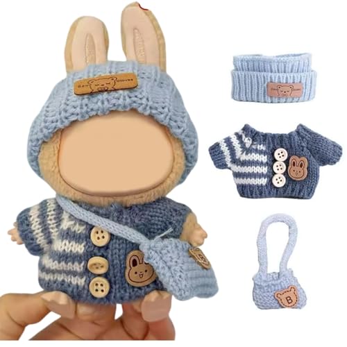 Strick Kleidungs Set 17cm für Labubu Puppen kompatibel mit V1 V2 V3 Pullover Mütze & Tasche (Blau oder Rosa) weiche und stilvolle Kostüm Hoodie Outfit Zubehör, Puppe und Brille Nicht enthalten (Blau) von XoTek