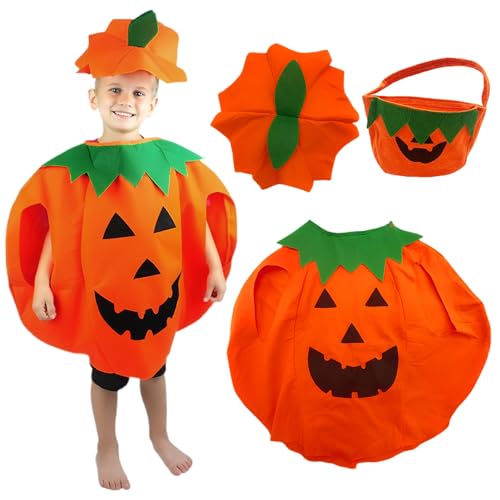 XoeLLe 3 Stück Kürbis Kostüm Kinder, mit Spielzeug-Kürbiskorb und Hut, Halloween Kostüm Kinder, Pumpkin Costume Kids, für Höhe 105-145cm, Halloween-Verkleidung, Kürbis-Mottoparty, 4-10 Jahre von XoeLLe