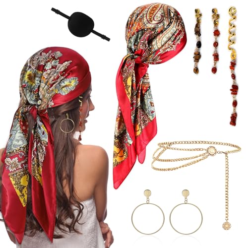 XoeLLe 7 Stück Piratenkostüm Damen, Pirate Accessories, Kostüm Pirat Damen, Kopftuch Pirat Damen, Augenklappe Pirats, Piratenschmuck Damen, Haarschmuck Pirat, Piraten Ohrschmuck, Bauchkette Gold von XoeLLe