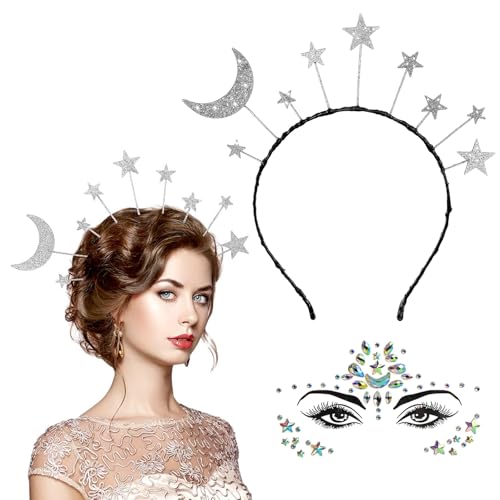 XoeLLe Haarreif Sterne + Gesichtstattoo Sterne, Glitzer Haarreif Galaxy Silber Discokugel Karneval Weltall Space Fasching Halloween Geburtstag Party Kostüm Haarreifen Haarschmuck für Damen Mädchen von XoeLLe