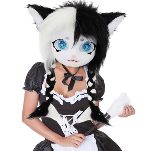 Pelzige Maske niedliche Plüschkatze Pelzige Kopf mit Zöpfen Fursuit Tierkopf für tierische Partys Maskerade Cosplay Kostüm Accessoire, Schwarz und Weiß Pelzige Maske niedliche Plüschkatze Pelzige Kopf mit Zöpfen Fursuit Tierkopf für tierische Partys Maskerade Cosplay Kostüm Accessoire, Schwarz und Weiß von Xoeryoy