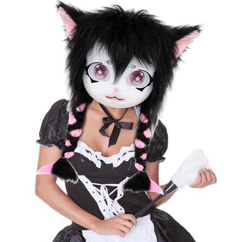 Pelzige Maske niedliche Plüschkatze pelziger Kopf mit Zöpfen Fursuit Tierkopf für tierische Partys Maskerade Cosplay Kostümzubehör, schwarz Pelzige Maske niedliche Plüschkatze pelziger Kopf mit Zöpfen Fursuit Tierkopf für tierische Partys Maskerade Cosplay Kostümzubehör, schwarz von Xoeryoy
