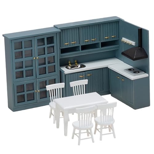 Puppenhausküche, 1 Set Realistic 1 12 Skala Dollhouse Möbel, Holzpuppenhausmöbel mit Arbeitsplatten, Tisch, Stuhl und Schrank für Jungen Mädchen und Kleinkinder von Xoeryoy