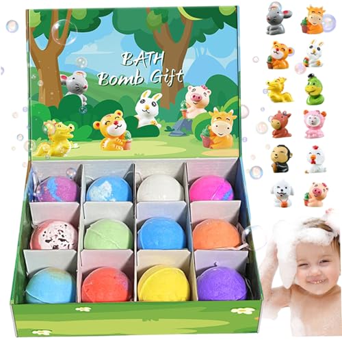 Xoeryoy 12pcs/Set Badbomben mit Spielzeug in 2-Zoll-Badbomben mit niedlichen Tierspielzeugen, kindlich-fizziger farbenfrohen Bubble Badezimmerzubehör für Kindergeschenk, Grün, Grün von Xoeryoy