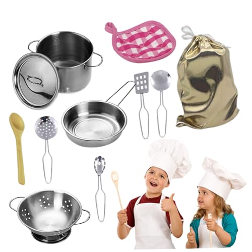 Xoeryoy 12pcs Kindertöpfe und Pfannen -Spielset, Edelstahlspiel -Spielküche Accessoires mit Suppe Pot Pan Shovel Löffel Bag Kinder Koch Rollenspiel Kochspielzeug für Kinder von Xoeryoy