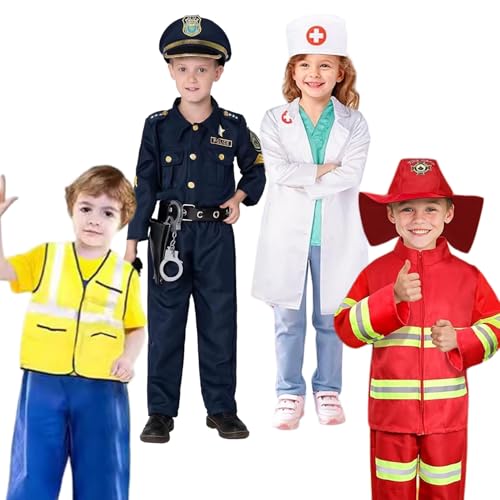 Xoeryoy 4 Sets Halloween -Kostüme für Kinder, lustige Kinderkostüme Bauarbeiter, Polizei, Feuerwehrmann, Doktor für Jungen Mädchen tun Rollenzubehör vor, Accessoires von Xoeryoy