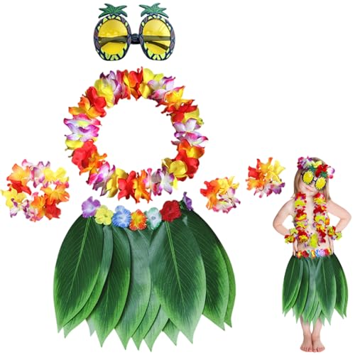 Xoeryoy 7pcs/Set hawaiianisches Outfit für Mädchen, lebendige Colorfu Elastic Hula Rock Set mit Ananasgläser, Kranz und mehr für Kinder Sommerparty Beach von Xoeryoy