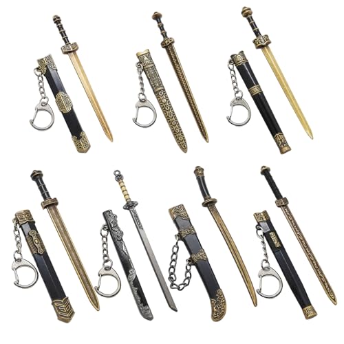 Xoeryoy 7pcs Mini -Schwert mit 1pc Display -Halterung 5 Zoll altes Stil Schwert Keychain Desokativ hängende Charme für Geldbörse, Rucksack, Key von Xoeryoy