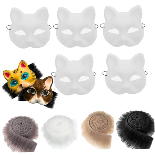 Xoeryoy 9pcs Katzenmaske und Faux Fuzzy Fabric Kit PVC Eye Meshes Leere Katzenmasken zum Malen, Tiermaske Kunsthandwerkskit, Kostümmasken für Halloween Masquerade Cosplay Party von Xoeryoy