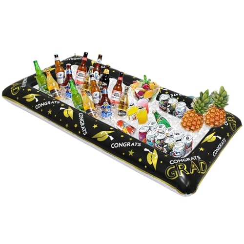 Xoeryoy Aufblasbare Poolbar Schwarz & Gold Happy Graduation Drink Floaties für Pool 51x24x5, 5 Zoll und Leckdosen PVC Schwimmkühler für Strand, Wasserparty und mehr von Xoeryoy