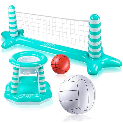 Xoeryoy Aufblasbarer Poolvolleyball -Set, 114x28x35 Poolvolleyball Net ＆ 27x23 Basketball Hoop, PVC schwimmende Sommerspiele für Kinder und Erwachsene von Xoeryoy