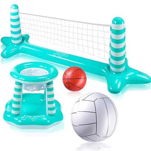 Xoeryoy Aufblasbarer Poolvolleyball -Set, 114x28x35 Poolvolleyball Net ＆ 27x23 Basketball Hoop, PVC schwimmende Sommerspiele für Kinder und Erwachsene von Xoeryoy