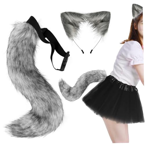 Xoeryoy Faux Pel Fuchs Ohren und Schwanzset, pelzige Wolf Ohren und Schwanz, süßer tierischer Schwanz Stirnband für Cosplay -Party, Maskerade dunkelgrau von Xoeryoy