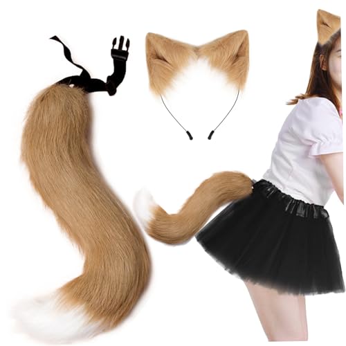 Xoeryoy Faux Pel Fuchs -Ohren und Schwanzset, pelzige Wolf Ohren und Schwanz, süßes Tier Stirnband für Cosplay -Party, Maskerade Khaki von Xoeryoy