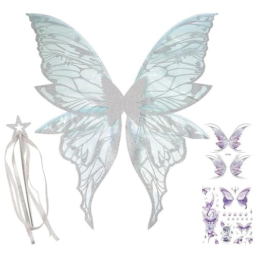 Xoeryoy Feenkostüm für Frau Großer Glitzer transparenter Schmetterlingsflügel mit Zauberstab Fee Halloween Kostüm Cosplay Accessoire von Xoeryoy