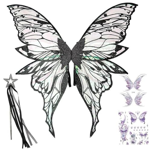 Xoeryoy Feenkostüm für Frau Großer Glitzer transparenter Schmetterlingsflügel mit Zauberstab Fee Halloween Kostüm Cosplay Accessoire von Xoeryoy