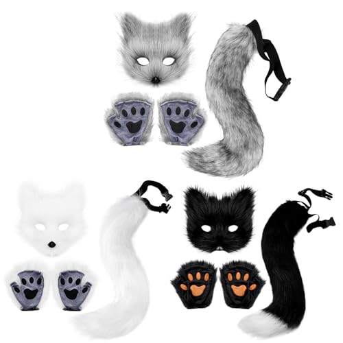 Xoeryoy Fox Kostüm Halloween Therian Maske, Schwanz und pelzige Pfoten Plüsch Maske Flauschige Pfotenhandschuhe und Schwänze Cosplay Kostüme für Frauen Halloween Dress up Party Dunkelgrau Xoeryoy Fox Kostüm Halloween Therian Maske, Schwanz und pelzige Pfoten Plüsch Maske Flauschige Pfotenhandschuhe und Schwänze Cosplay Kostüme für Frauen Halloween Dress up Party Dunkelgrau von Xoeryoy