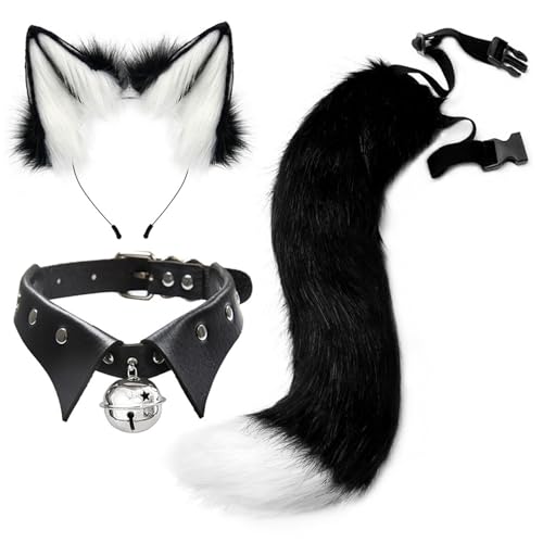 Xoeryoy Fuchsohren und Schwanzset, weiche Flauschige Fuchs-Ohren-Stirnband, Verstellbarer pelziger Schwanz und Halshändler im Kragen von Xoeryoy