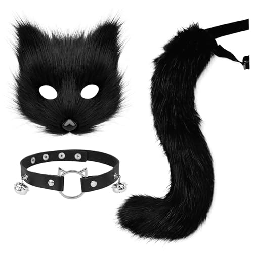 Xoeryoy Fursuit Faux Pelf Fuchsmaske mit Lederglockenkragen & flauschiger Schwanz süße realistische Halloween -Kostüme für Themenparty Cosplay, Schwarz Xoeryoy Fursuit Faux Pelf Fuchsmaske mit Lederglockenkragen & flauschiger Schwanz süße realistische Halloween -Kostüme für Themenparty Cosplay, Schwarz von Xoeryoy