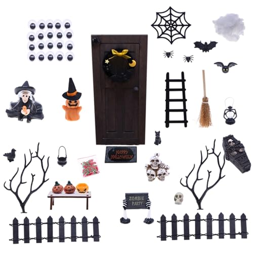 Xoeryoy Halloween Miniaturen Halloween Figuren mit Miniaturbaum gefälschter Spinnen Spiderweb Zaun Fledermausschädel für Dollhouse Szene Requisiten Fairy Garden Party Dekor Dekor von Xoeryoy