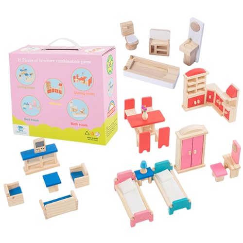 Xoeryoy Holzpuppenhausmöbel Set, 1:12 Skala Painted Doll House Möbel für Schlafzimmer, Küche, Wohnzimmer, Esszimmer, Badezimmer Xoeryoy Holzpuppenhausmöbel Set, 1:12 Skala Painted Doll House Möbel für Schlafzimmer, Küche, Wohnzimmer, Esszimmer, Badezimmer von Xoeryoy