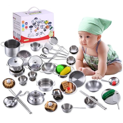Xoeryoy Kindertöpfe und Pfannen -Spielset, 25 Stück Edelstahl Kleinkindküchenset, sichere pädagogische Wiederverwendbare Kinderküchenzubehör für Urlaub, Geburtstagsgeschenke von Xoeryoy