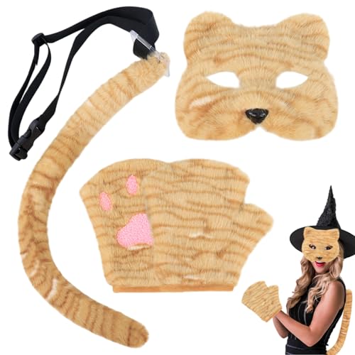 Xoeryoy Pelziger Anzug, süße Katzenmaske mit Schwanz & Handschuhen, Simulation Therian Maske, pelziges Kostüm für Halloween, Weihnachten, Party, Maskerade Xoeryoy Pelziger Anzug, süße Katzenmaske mit Schwanz & Handschuhen, Simulation Therian Maske, pelziges Kostüm für Halloween, Weihnachten, Party, Maskerade von Xoeryoy