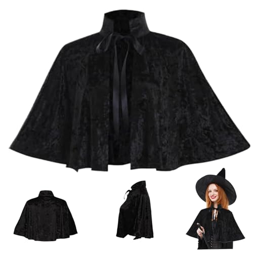Xoeryoy Schwarzes Umhang für Frauen, Gothic Lolita mittelalterlicher Schal -Umhang mit Krawattengurt, Halloween weicher kurzes mittelalterliches Motorhaube für heidnisches Cosplay von Xoeryoy