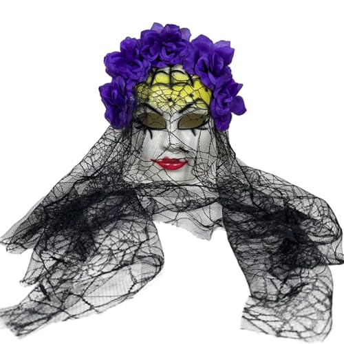 Xoeryoy Spitzenmaske, gotische volle Gesichtsmaske mit schwarzem Spitzenschleier und lila Blume für mexikanisches Festival von Xoeryoy