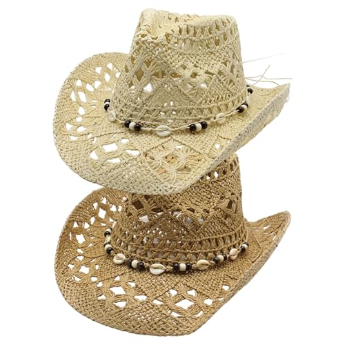 Xoeryoy Stroh Cowboyhut, Sonnenschutz weit Krempe Stroh Cowgirl Hut, atmungsaktive Hollow -Roll -up -Westkappe mit Perlenschnur für Sommerstrand Urlaub, Khaki von Xoeryoy