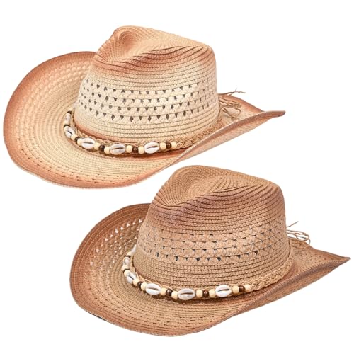 Xoeryoy Stroh Cowboyhut, Sonnenschutz weit Krempe Stroh Cowgirl Hut, atmungsaktive Westernkappe mit Perlenschnur für Sommerstrand Urlaub, Beige von Xoeryoy