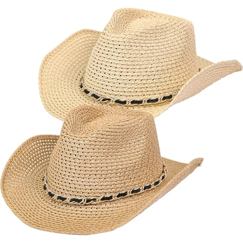 Xoeryoy Stroh Cowboyhut, Sonnenschutz weit Krempe Stroh Cowgirl Hut mit Perlenschnur, atmungsaktive Westenmütze für Sommerstrand Urlaub, Khaki von Xoeryoy
