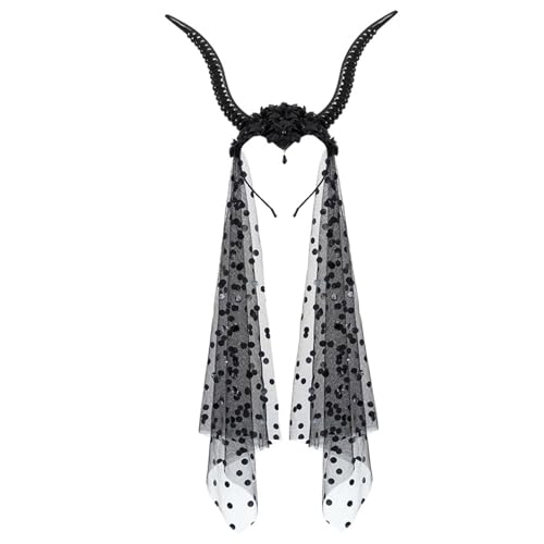 Xoeryoy Teufelshörner Stirnband, schwarzes gotisches Ziegenhörner Haarband mit künstlicher Blume, Wasserabfallperle und Tupfen -Dot von Xoeryoy