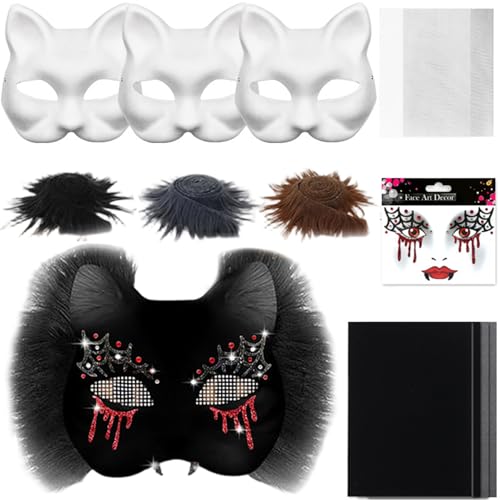 Xoeryoy Therian Mask Kit, DIY leere halbe Gesichtskatze Maske mit Filzstoffblech, Plüsch -Kunstpelzen und Augennetz, dekoratives Tierkostüm für Maskerade, Cosplay -Party, Schwarz von Xoeryoy