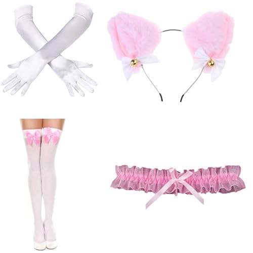 Xoktlde Catgirl Dress Up Outfits inklusive Stirnband, Spitzenkragen, Halskette, Handschuhe und Strumpf für Damen, Halloween, Rollenspiel-Zubehör von Xoktlde
