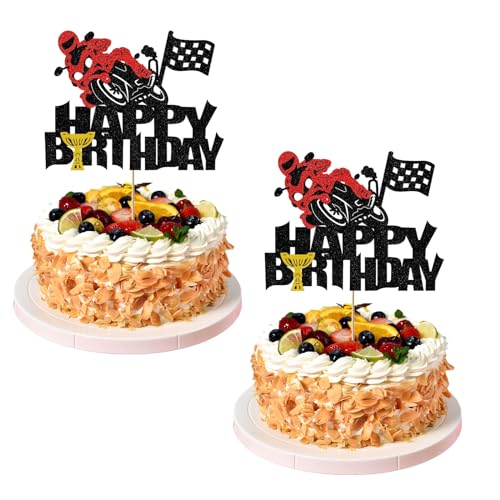 Motorrad Tortendeko, 2 Stück Kinder Happy Birthday Tortendeko, Glitzernd Geburtstag Deko, Sport Thema Kuchen Deko, Cartoon Tortendeko Geburtstag, Motorrad Party Deko für Jungen Männer Babyparty Deko von XongSyue