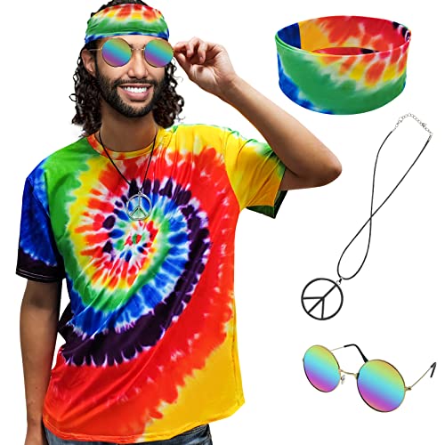 XonyiCos 4-teiliges Hippie-Kostüm-Set, Herren, Damen, 60er, 70er, buntes T-Shirt-Zubehör-Set für Mottoparty (T-Shirt, 4-teiliges Set, XXL) von XonyiCos