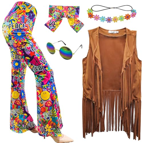 XonyiCos 6 Stück 60er 70er Jahre Hippie Kostüm Disco Outfits Fransenweste Boho Schlaghosen Frieden Zubehör Set Halloween für Frauen Karnevalskostüm (Brown, XL) von XonyiCos