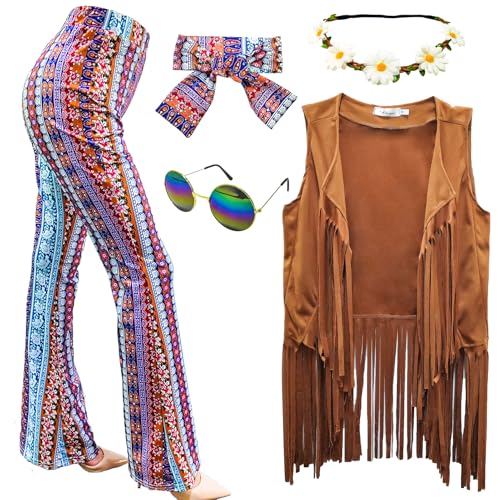 XonyiCos 6 Stück 60er 70er Jahre Hippie Kostüm Disco Outfits Fransenweste Boho Schlaghosen Frieden Zubehör Set Halloween für Frauen Karnevalskostüm (Retro, M) von XonyiCos