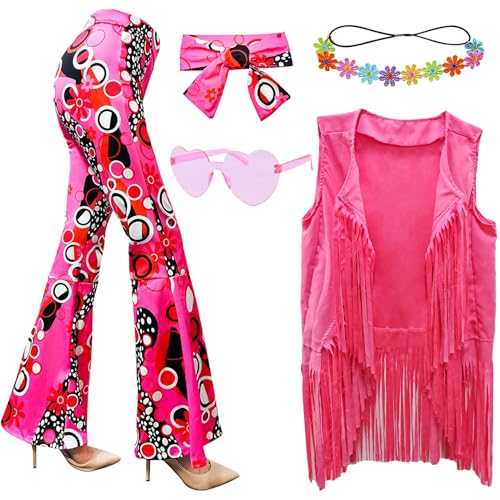 XonyiCos 6 Stück 60er 70er Jahre Hippie Kostüm Disco Outfits Fransenweste Boho Schlaghosen Frieden Zubehör Set Halloween für Frauen Karnevalskostüm (Rosa, M) von XonyiCos