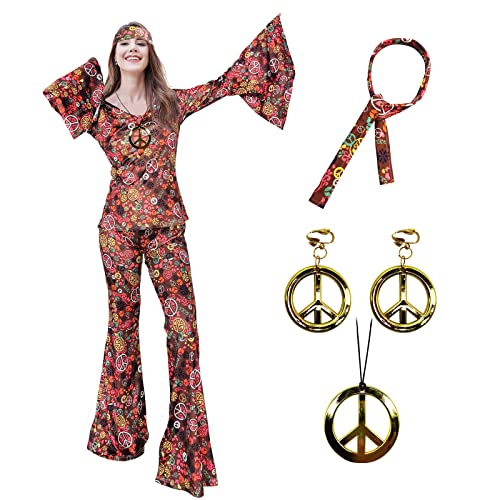 XonyiCos 6 Stück 70er Jahre Hippie Kostüme Zubehör für Damen Disco Outfit, 70er Jahre Mottoparty Kostüm, Halloween Boho Schlaghose (Braun, 3XL) von XonyiCos