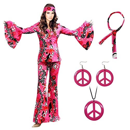 XonyiCos 6 Stück 70er Jahre Hippie Kostüme Zubehör für Damen Disco Outfit, 70er Jahre Mottoparty Kostüm, Halloween Boho Schlaghose (Rosa, 3XL) von XonyiCos
