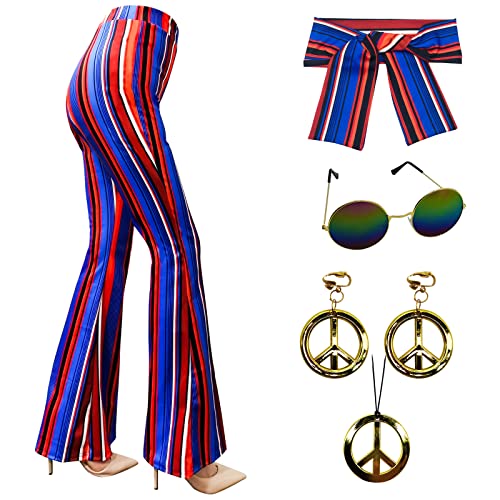 XonyiCos 60er 70er Jahre Frauen Kostüme Zubehör Hippie Hosen Bell Bottom ausgestellte Hosen Yoga Hosen für 70er Jahre Theme Party Halloween Cosplay (Blau, L) von XonyiCos