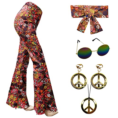 XonyiCos 60er 70er Jahre Frauen Kostüme Zubehör Hippie Hosen Bell Bottom ausgestellte Hosen Yoga Hosen für 70er Jahre Theme Party Halloween Cosplay (Braun, L) von XonyiCos