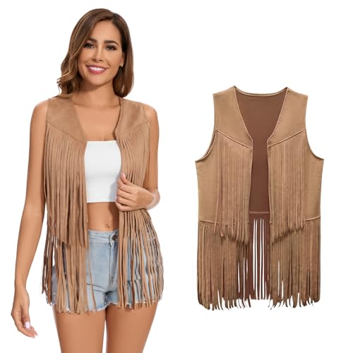 XonyiCos Damen Fringe Weste 70er Jahre 60er Jahre Hippie Weste Ärmellose Cowgirl Western Faux Wildleder Quaste Lederjacke Karneval und Rollenspiele Kostüme (Khaki Quaste Weste, XXL) von XonyiCos