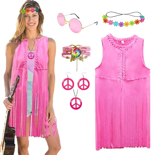 XonyiCos Hippie Kostüm Damen Weste Set 60er 70er Jahre Outfit Damen Disco Fransenweste,Faschingskostüme für Karneval, Hippie Accessoires (Rosa, L) von XonyiCos