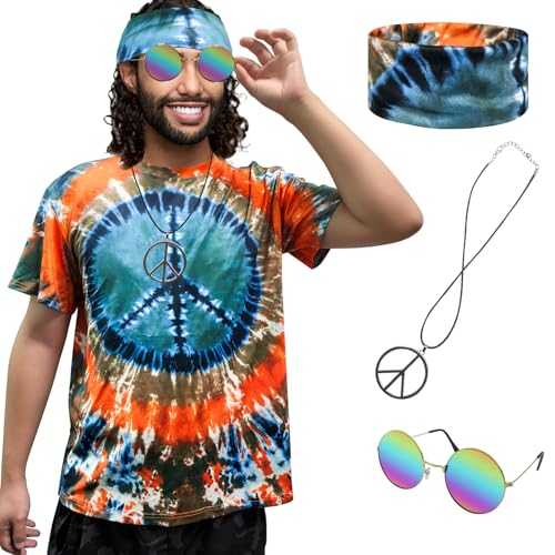 XonyiCos Hippie-Kostüm für Herren und Damen, 60er und 70er Jahre, buntes T-Shirt, Sonnenbrille, Stirnband, Friedenskette, 4-teiliges Motto-Party, Peace Orange Brown 4-teiliges Set, 4XL von XonyiCos